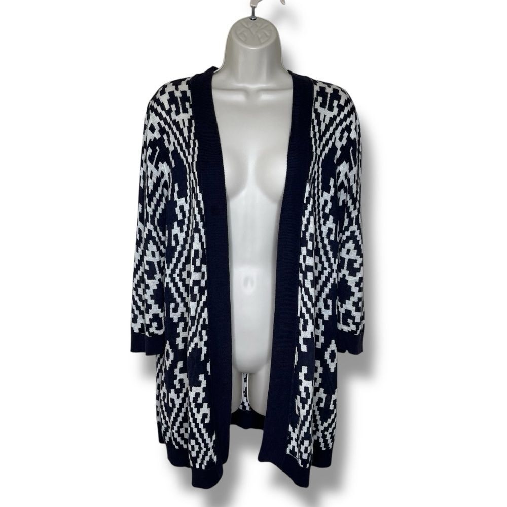 Talbots Linen Blue Cream Geometric Open Front Lightweight Cardigan Women Large